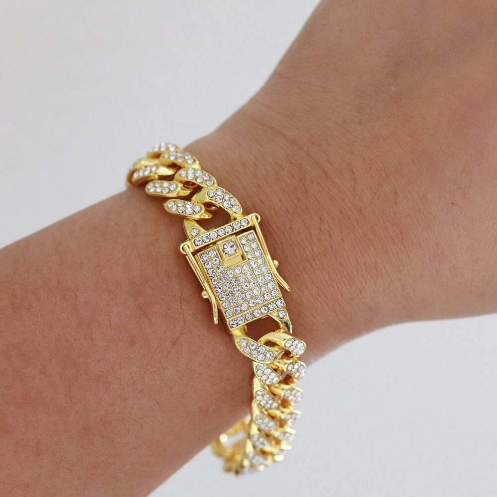 MAYDEAL 12.5MM 8inches Cuban‎ Curb Diamond Chain Gold Plated Bracelet